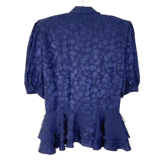 New Vintage Argenti Silk Floral Jacquard  Navy/Purple Peplum Blouse Size 8 - Picture 6 of 16